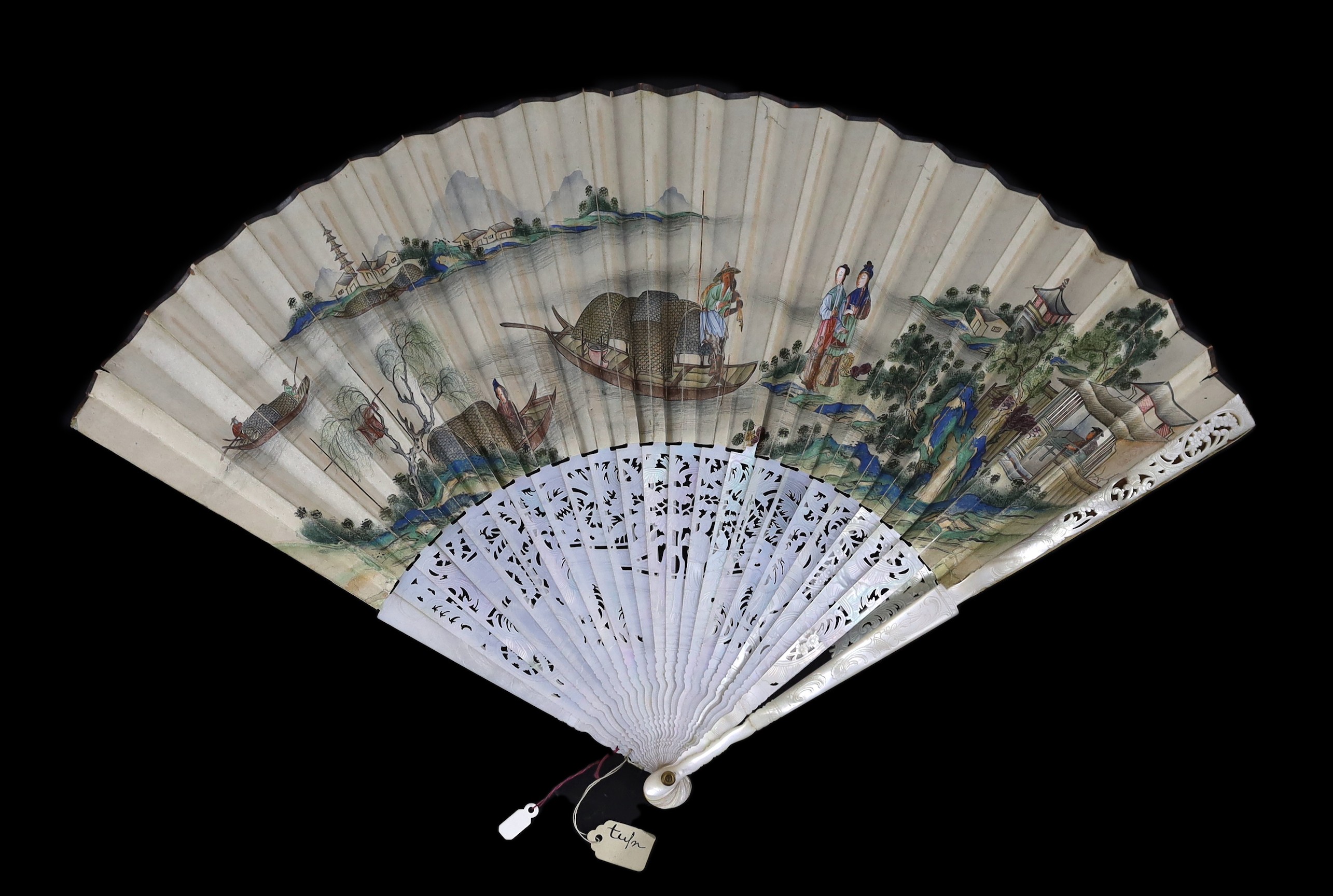 A Chinese painted leaf fan with mother-of-pearl sticks, 19th century, 28cm, some damage to mother-of-pearl